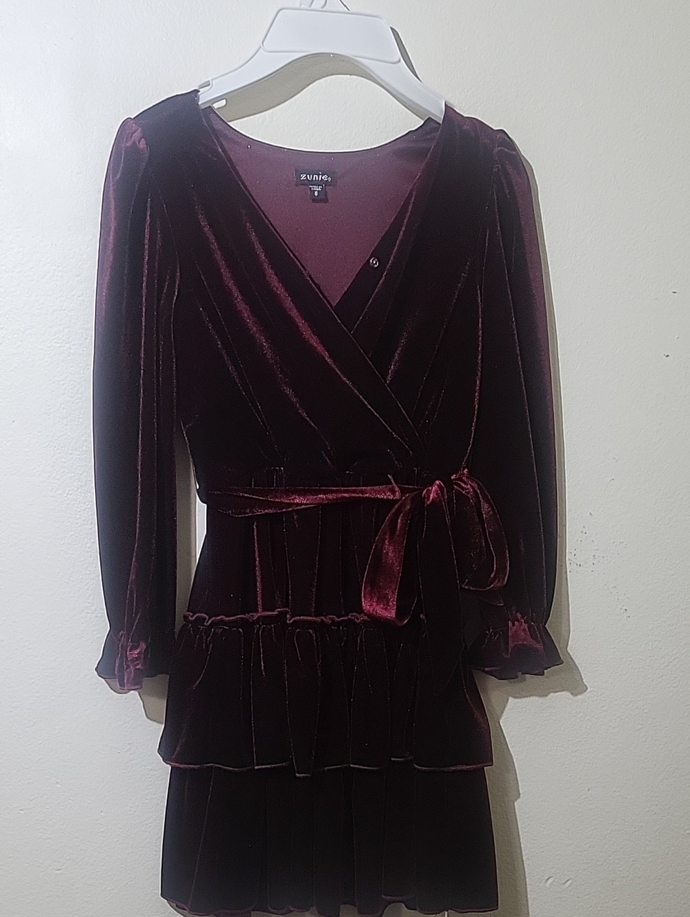 Zunie Deep Burgundy Velvet Wrap Dress with Tie Waist